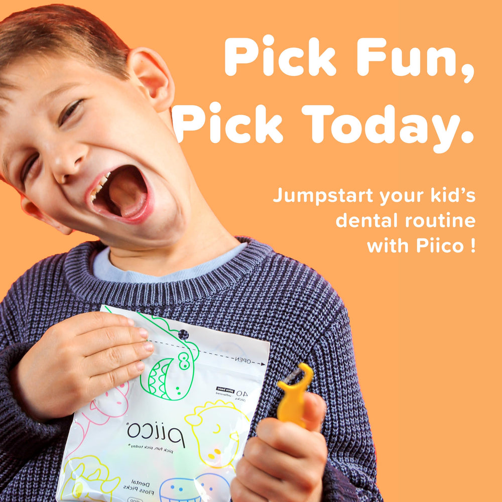 Piico unflavored kids floss picks in vibrant dinosaur-themed packaging