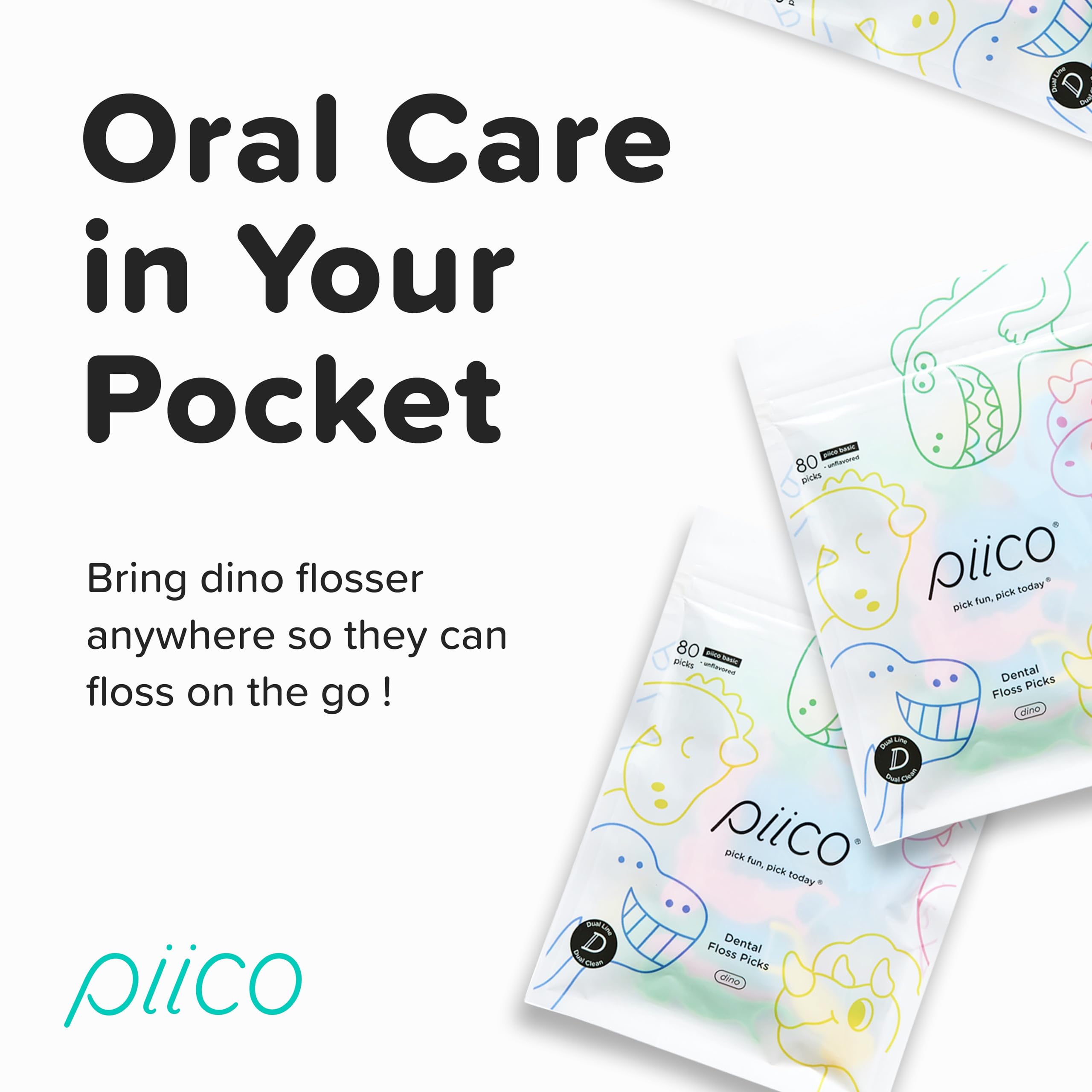 Assorted Piico Dino floss picks in bright colors for children