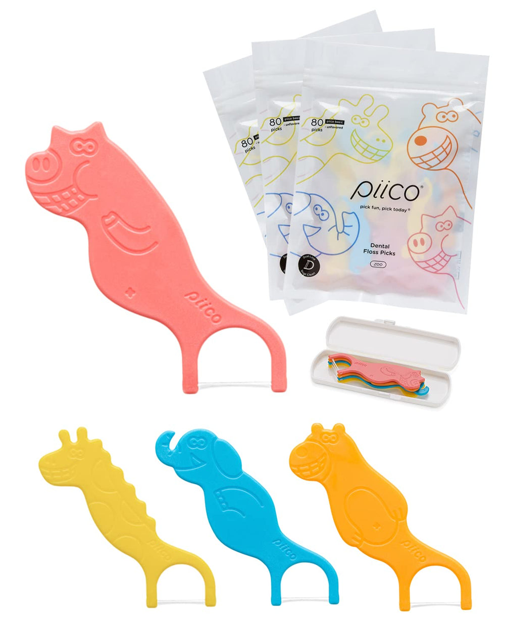 Dual-line, unflavored kids flossers with colorful animal designs