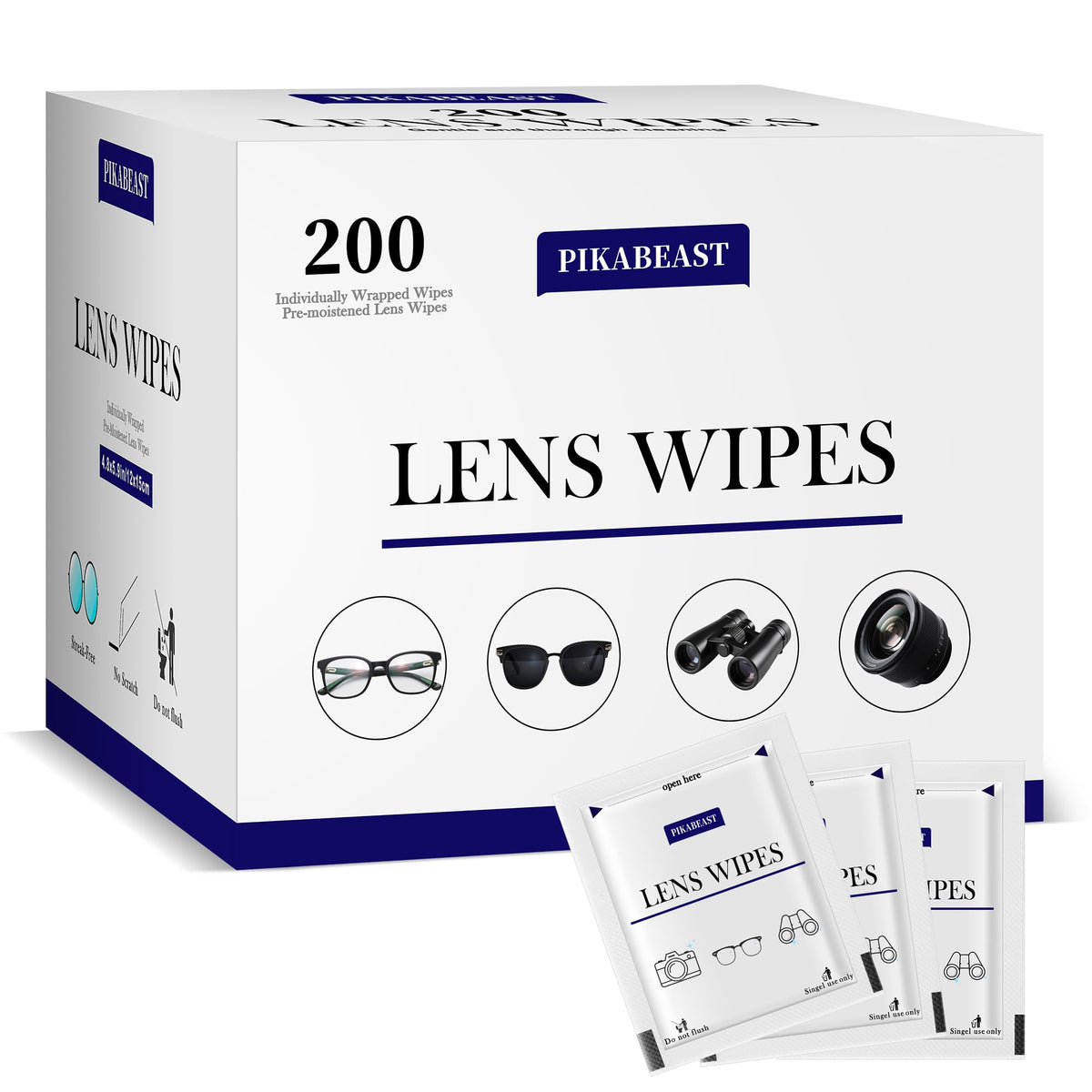 Pikabeast 200-count lens wipes pack for eyeglasses and devices
