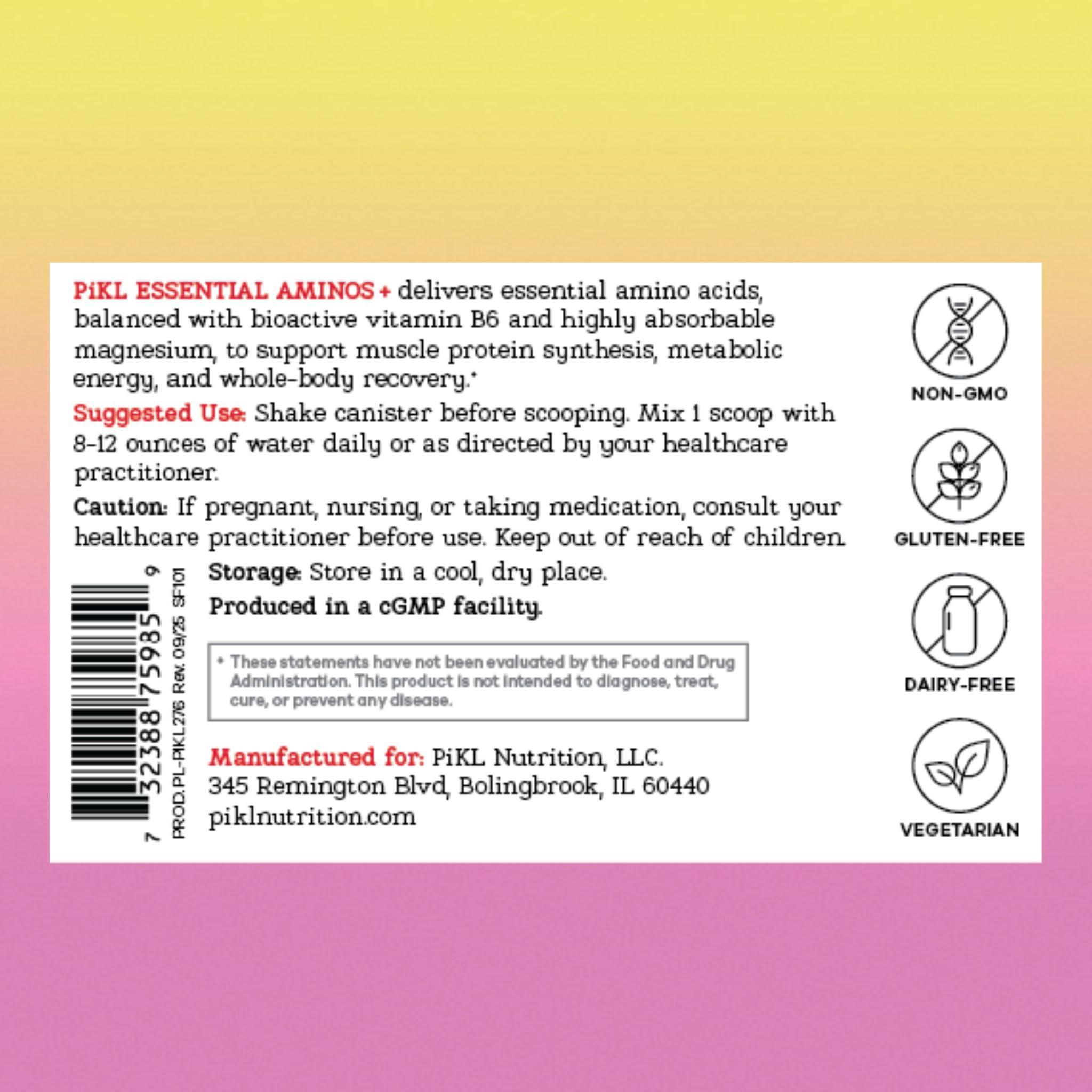 Scoop of PiKL Essential Aminos Berry Lemonade powder with glass
