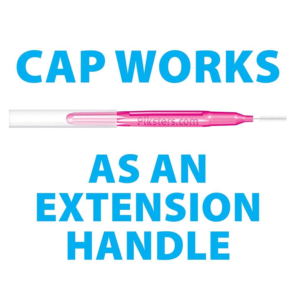Interdental brush reaching between teeth along gum line