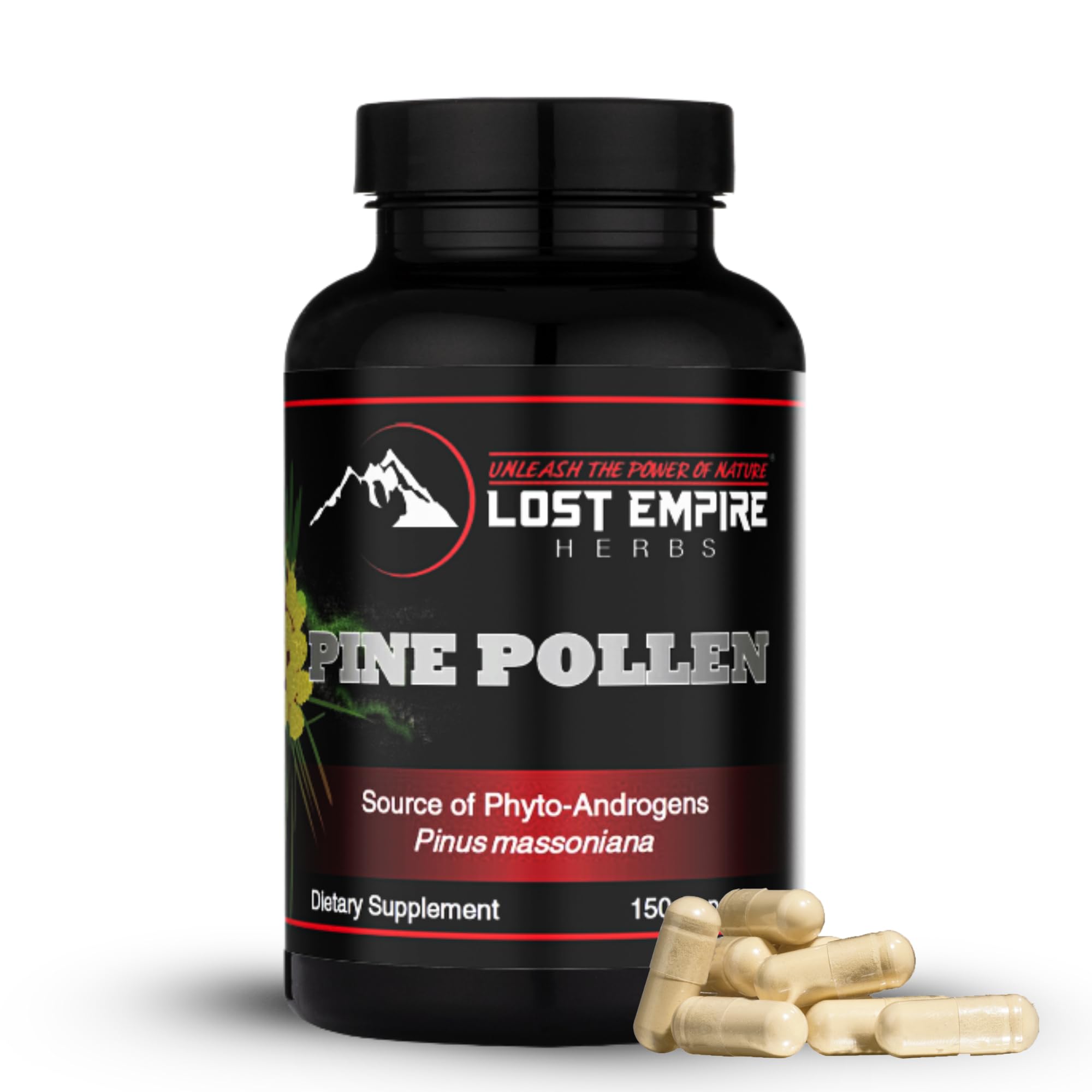 Pine Pollen Capsules bottle on white background