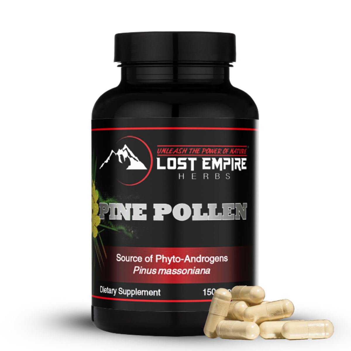 Pine Pollen Capsules bottle on white background