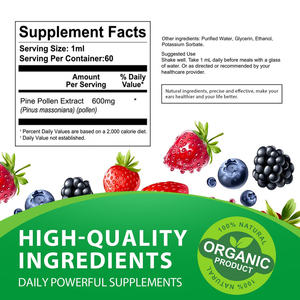 Label highlighting 600mg per serving of pine pollen tincture