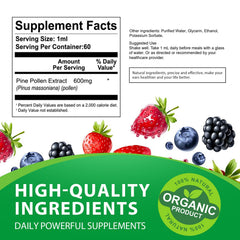 Label highlighting 600mg per serving of pine pollen tincture