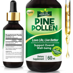 Love Life Pine Pollen Tincture bottle on white background