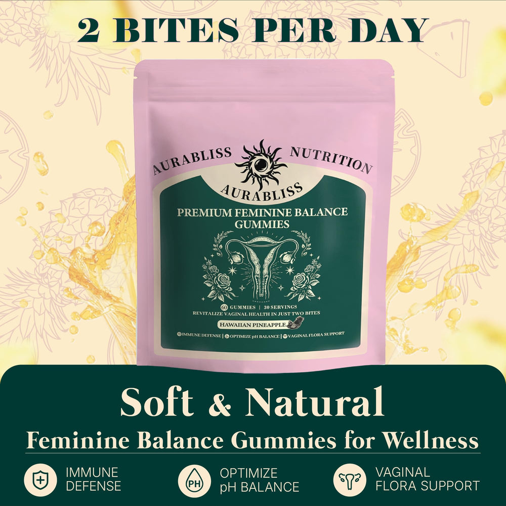 Front view of pineapple-flavored feminine care gummies packaging