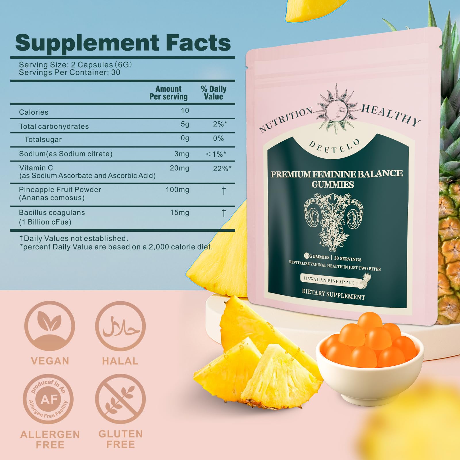 Close-up of pineapple-flavored feminine wellness gummies