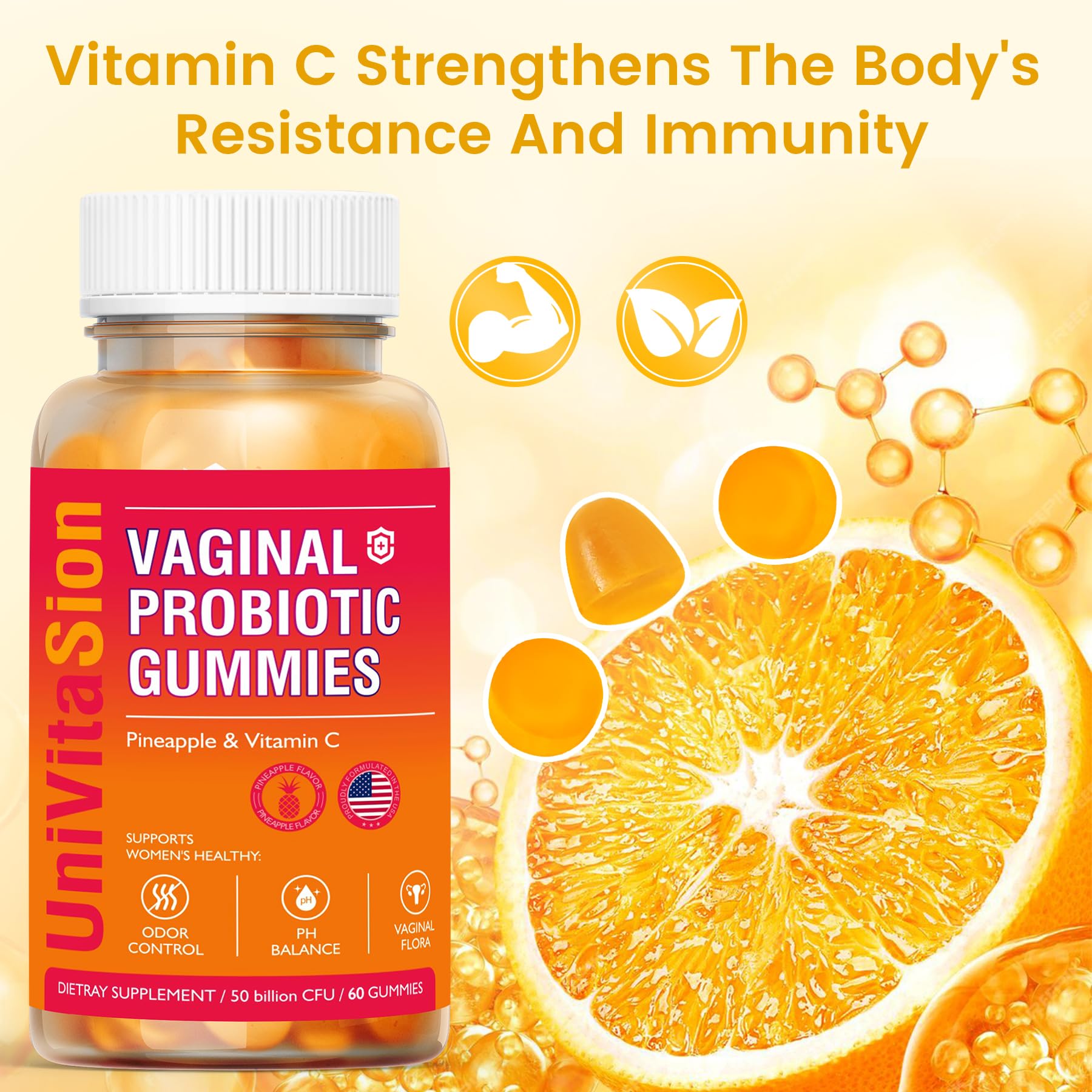 Two pineapple-flavored probiotic gummies ready to chew