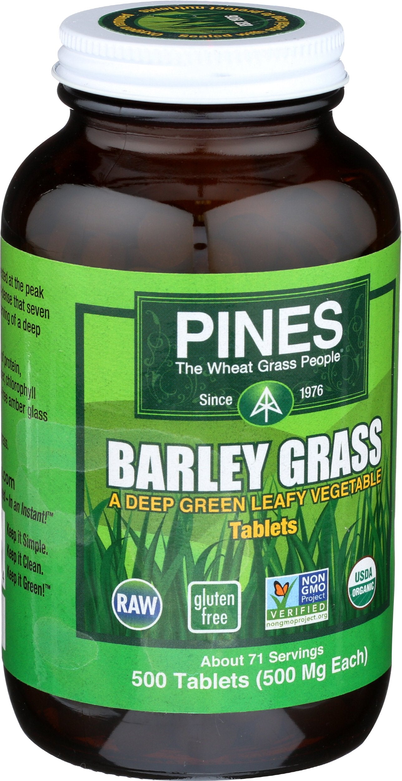Close-up of Pines Organic Barley Grass capsules