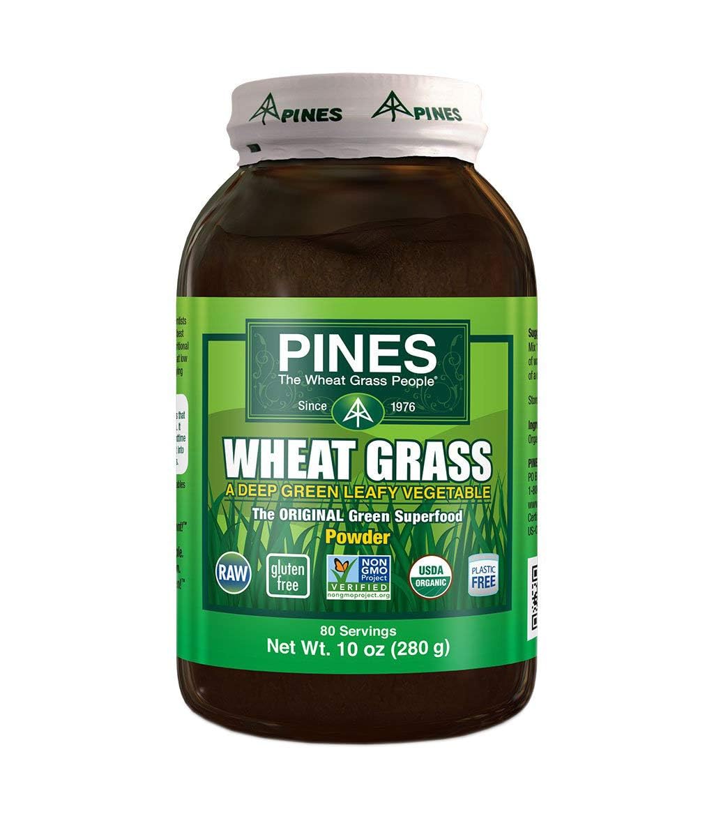 Pines Wheat Grass Powder canister front view for a nutrient-rich daily boost