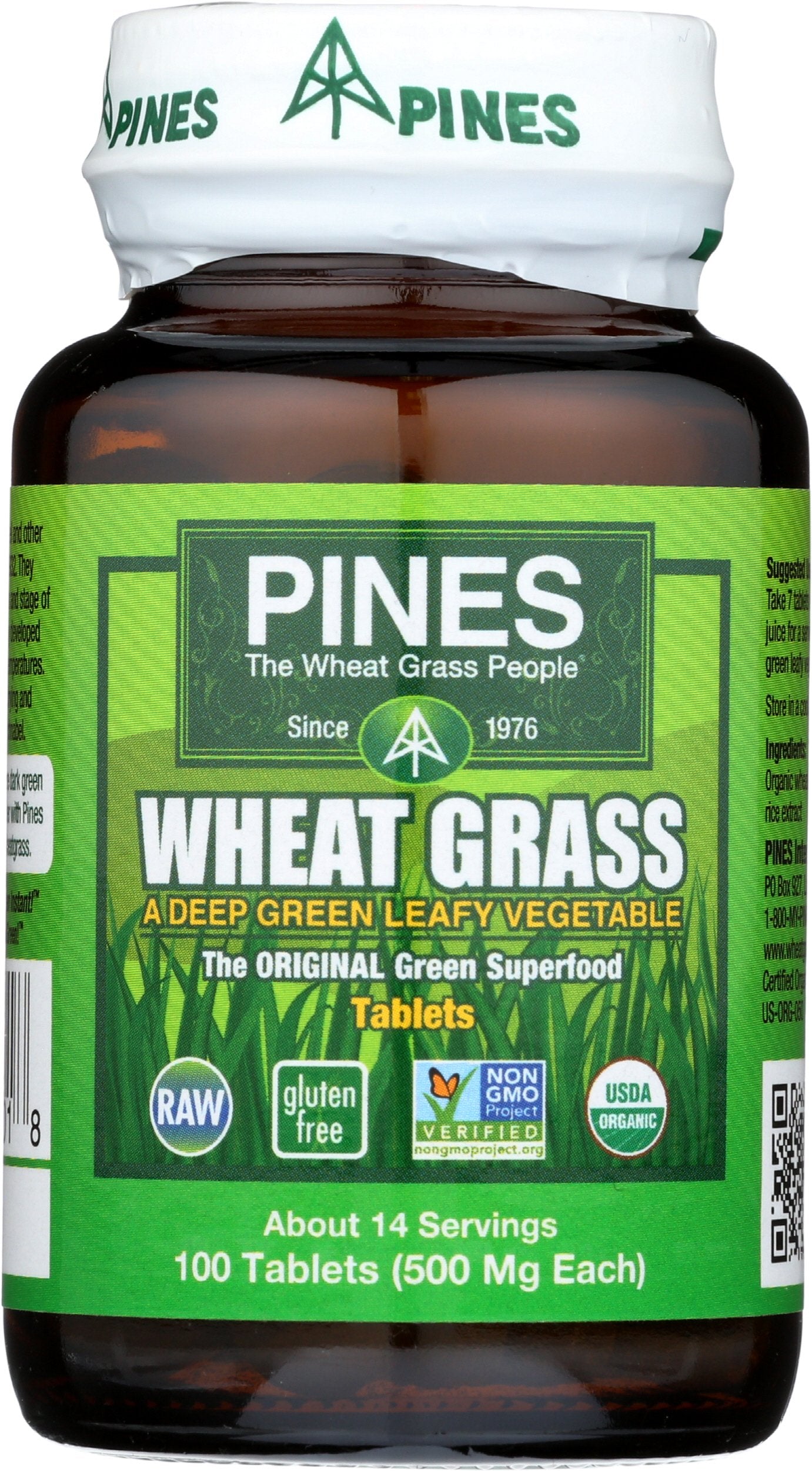 Pines Wheat Grass Tablets bottle front view showing convenient daily greens