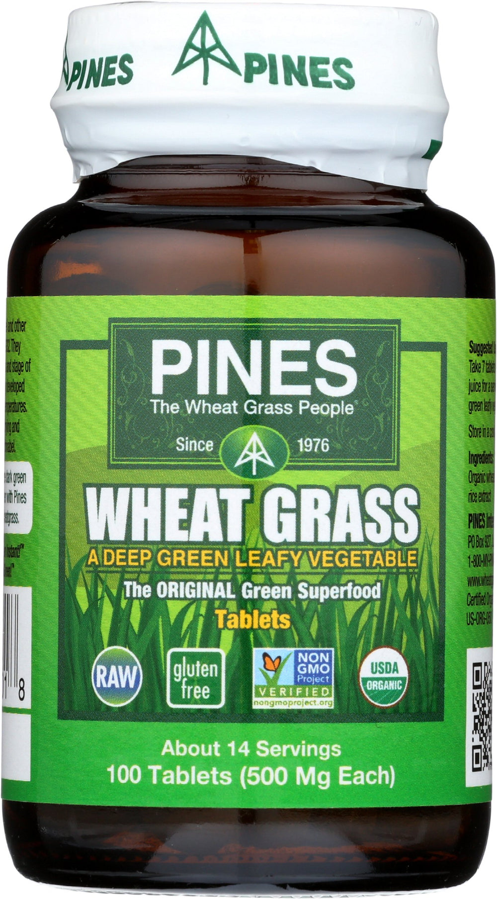 Pines Wheat Grass Tablets bottle front view showing convenient daily greens