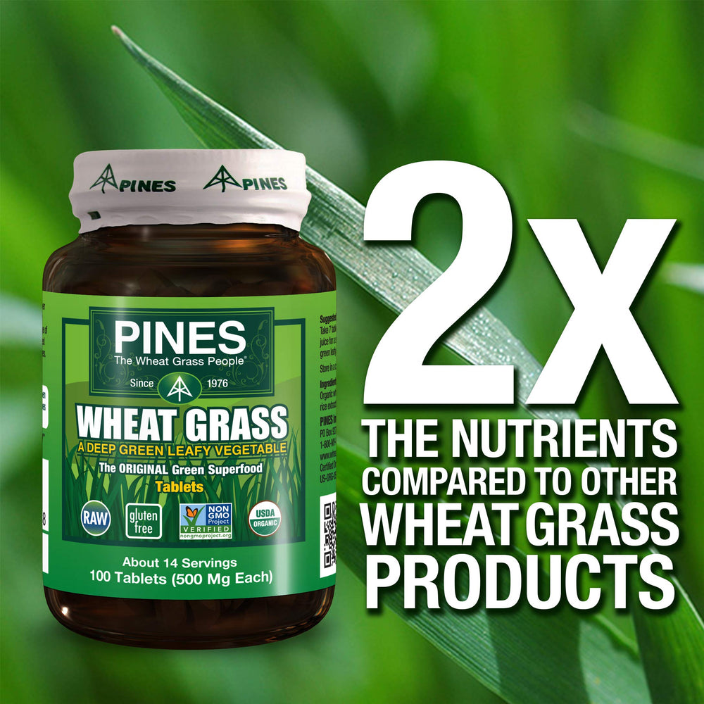 Pines Wheat Grass Tablets on kitchen counter ready for routine