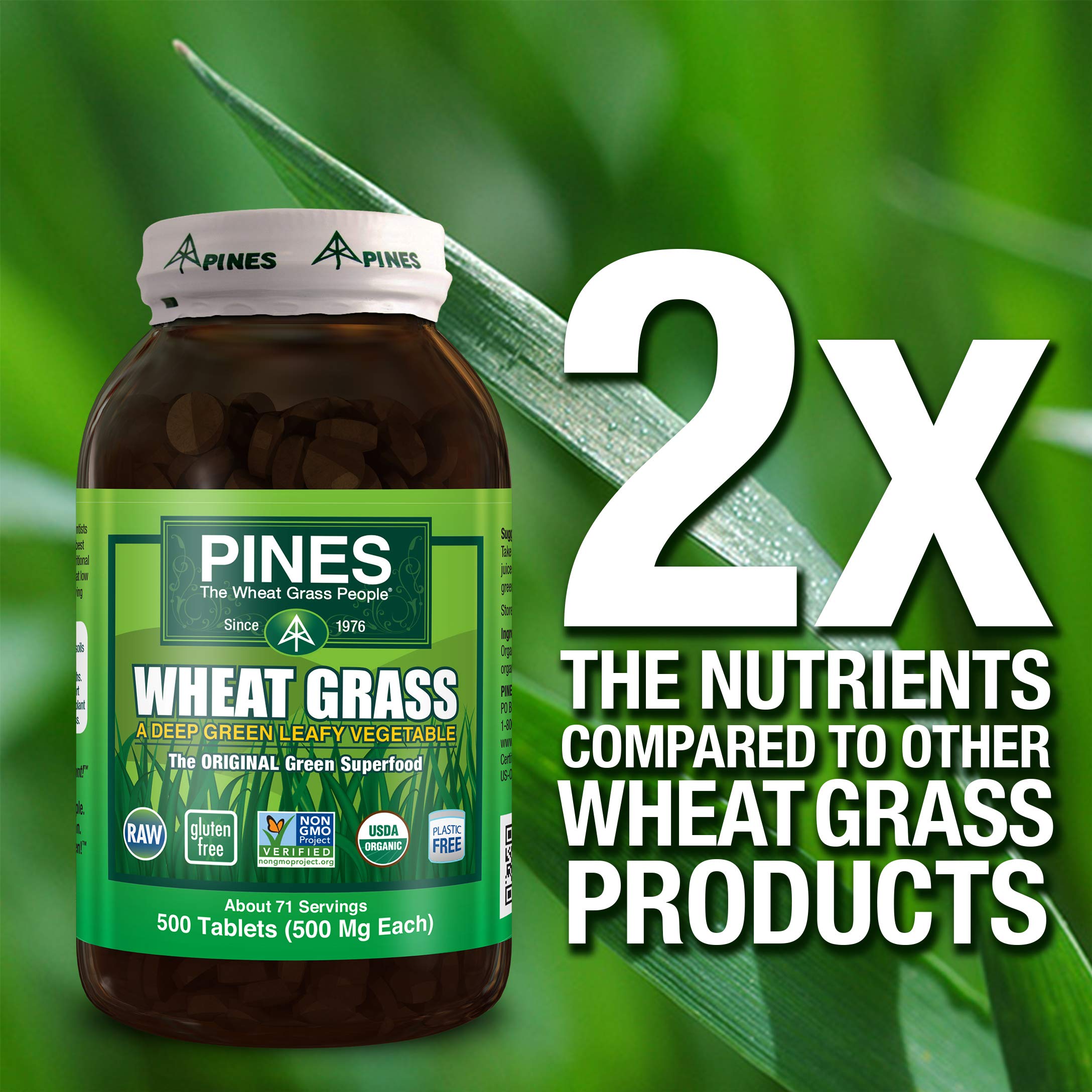 Pines Wheat Grass Tablets vegan raw label on bottle for plant-based greens
