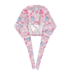Back elastic and lace detail on pink scrub cap