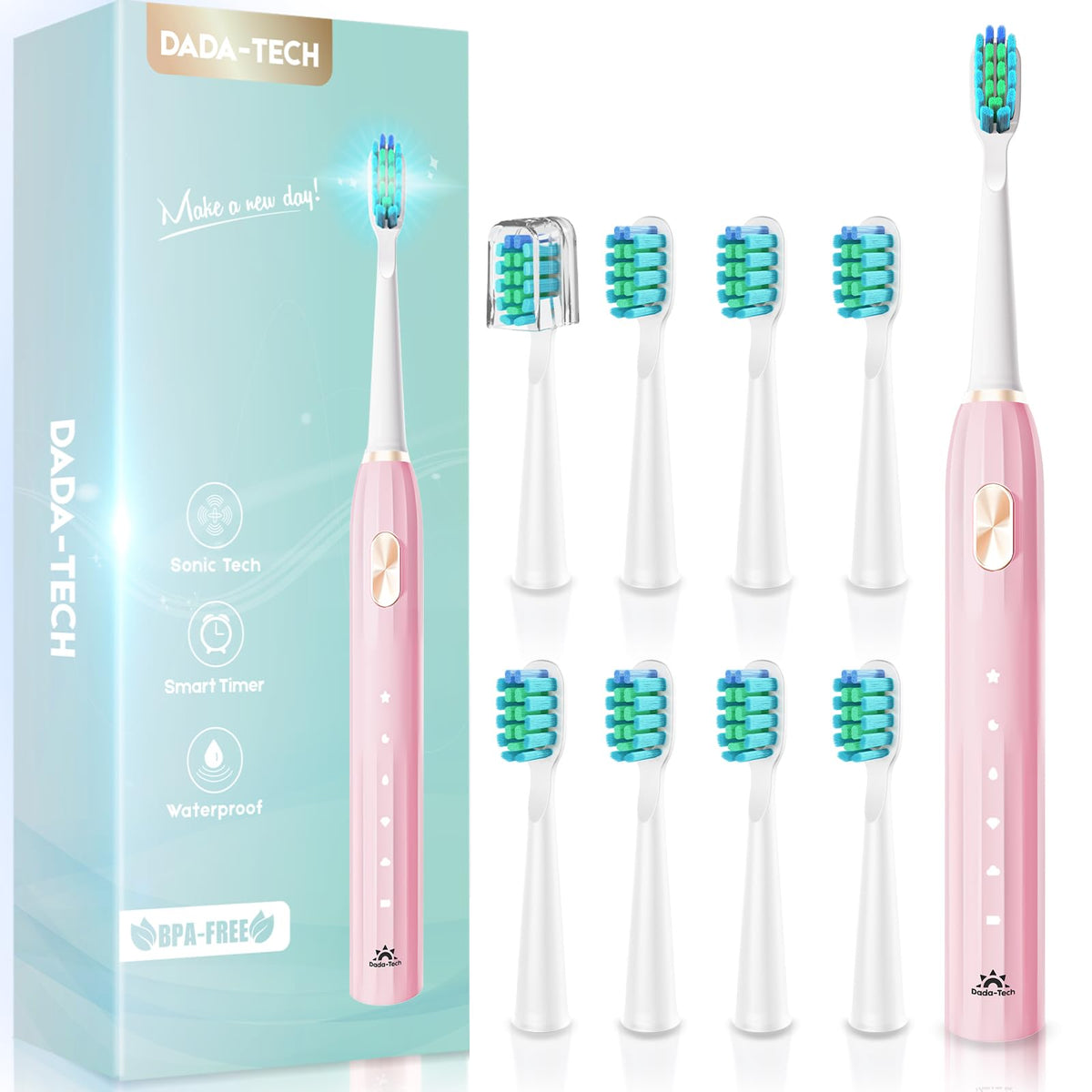 Pink electric toothbrush with Roman column handle