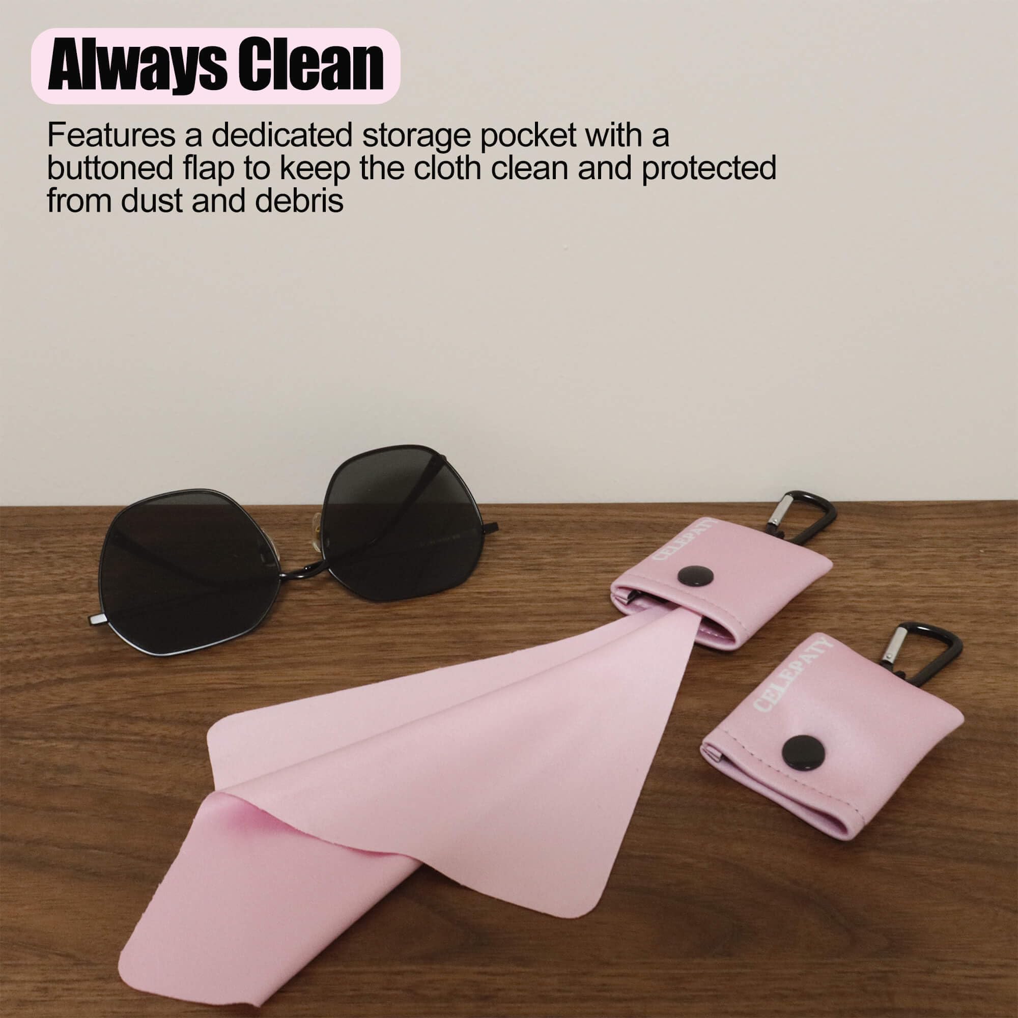 Pink microfiber cloth attached to keychain for travel
