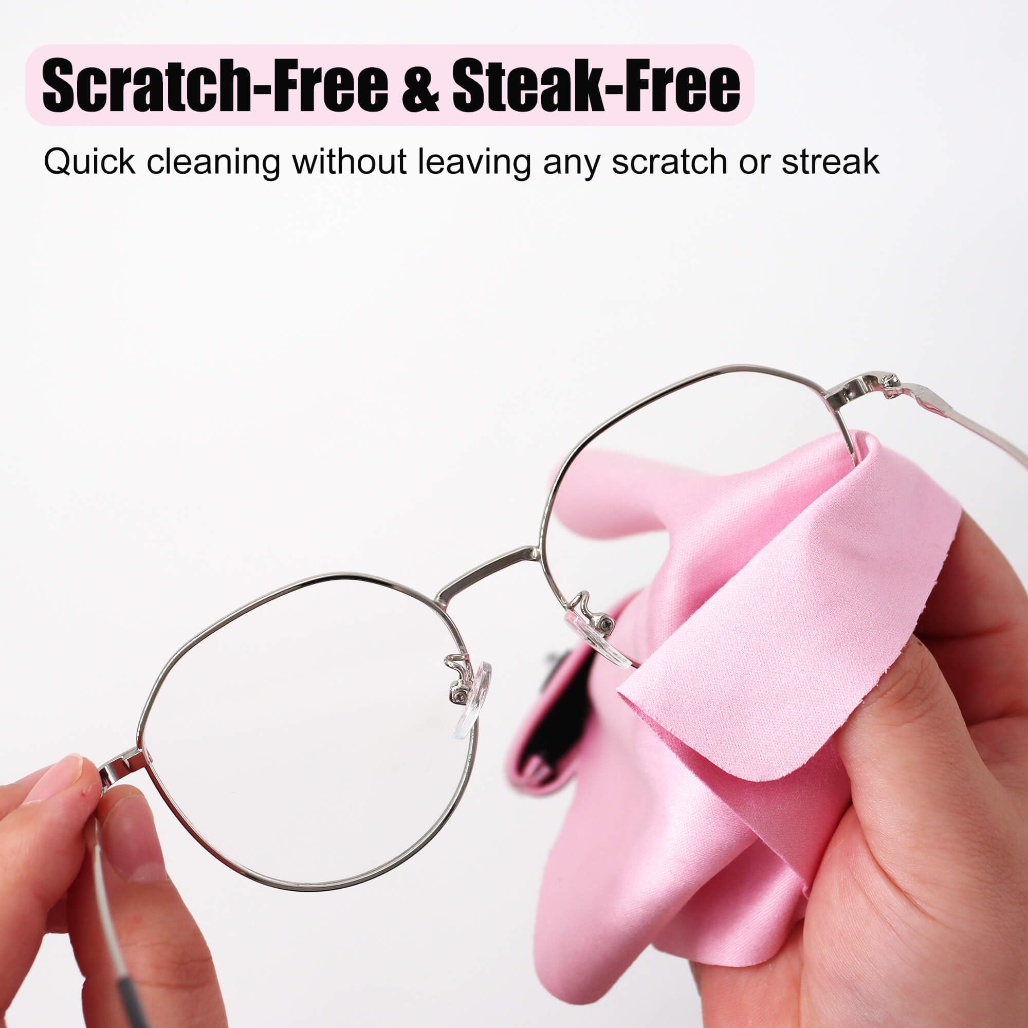Cloth cleaning sunglasses with pink microfiber cloth