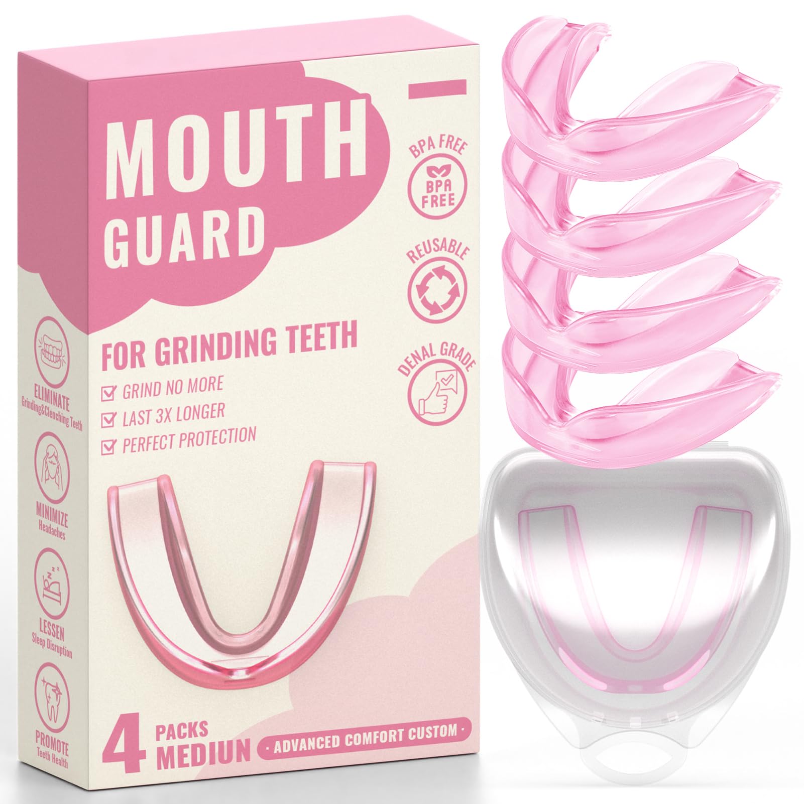 Pink 4-pack mouth guards for women and teens in medium size