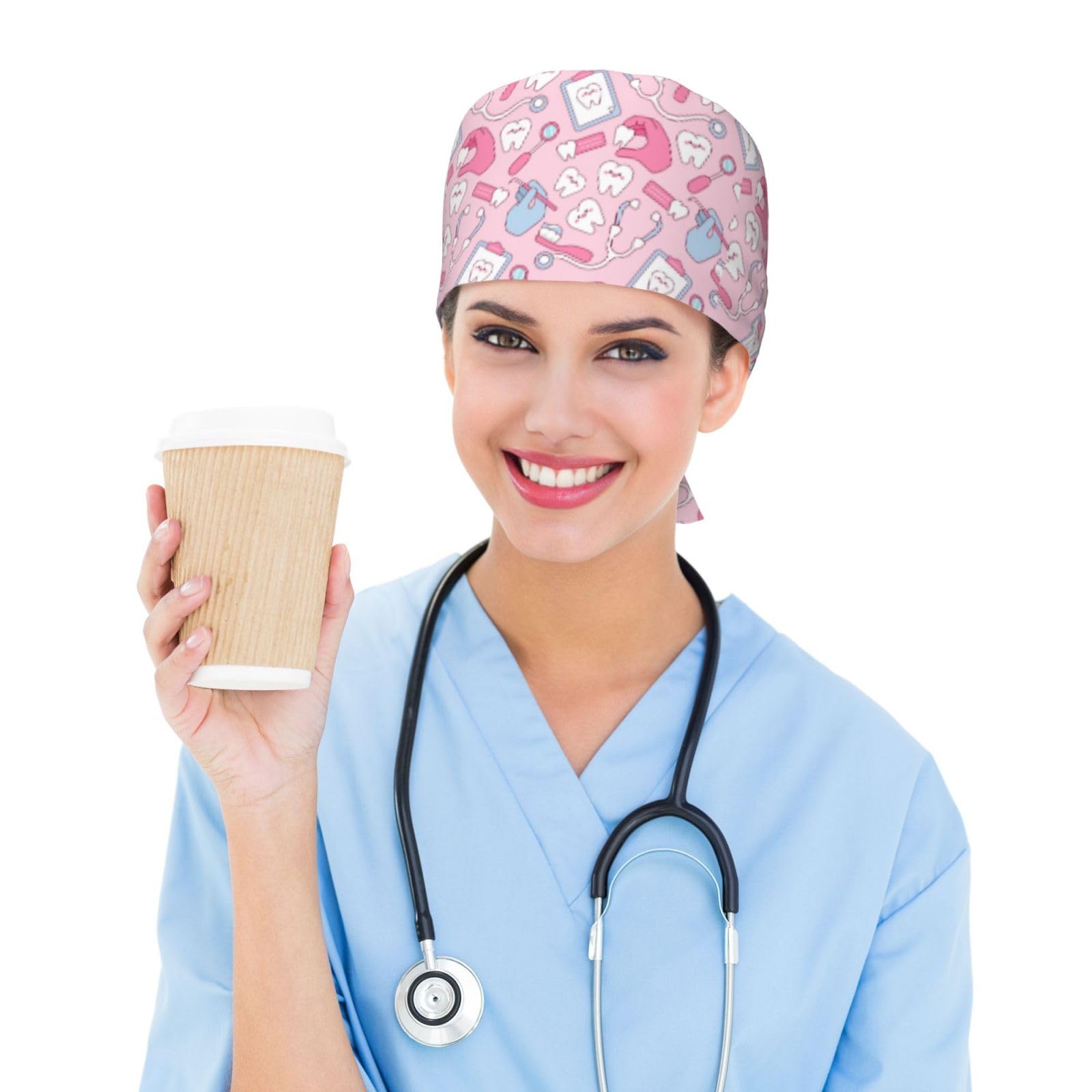 Pink scrub cap in medical setting