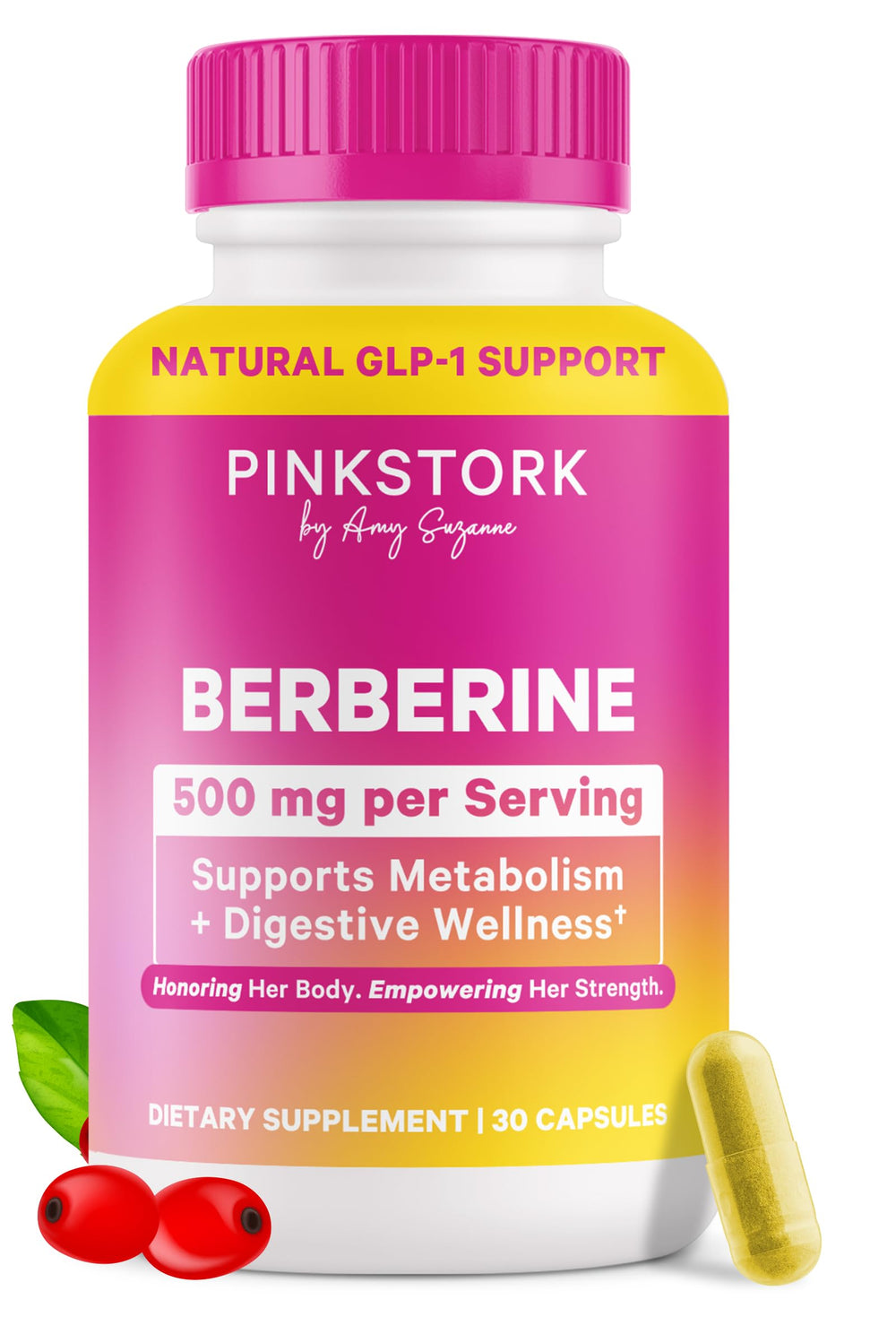 Pink Stork Berberine 500mg bottle ready for daily metabolic support.