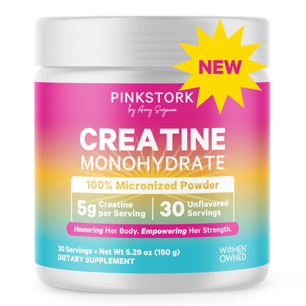 Pink Stork Creatine Monohydrate for Women bottle with scoop