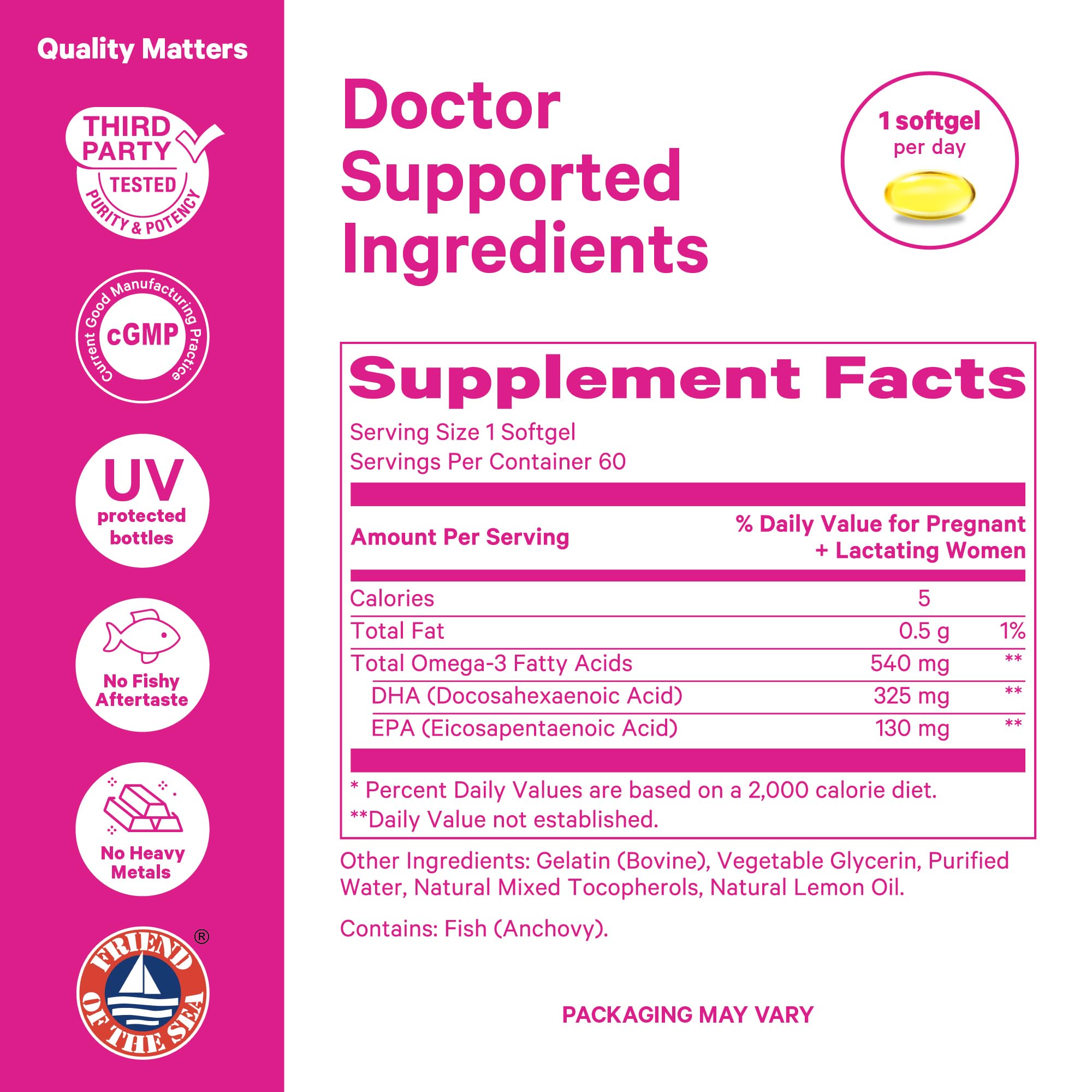 Sustainably sourced fish oil information on packaging