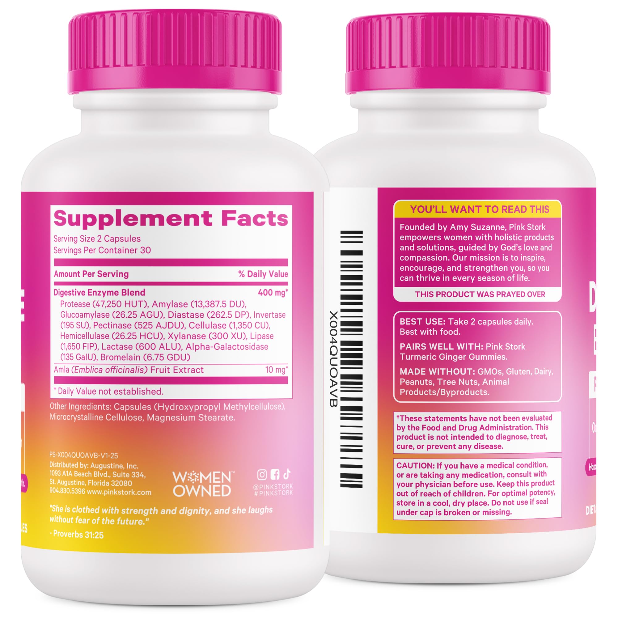 Overall product packaging and benefits for Pink Stork Digestive Enzymes
