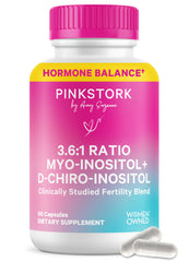 Pink Stork front packaging showing bottle and benefit of balanced inositol