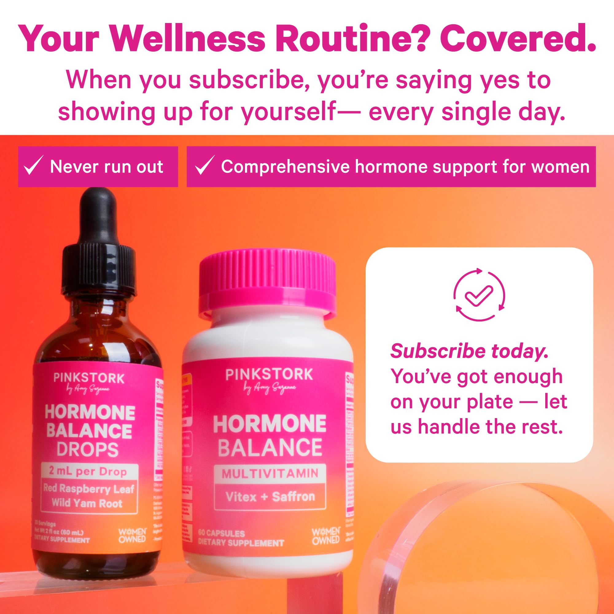 Pink Stork Hormone Balance branding on bottle