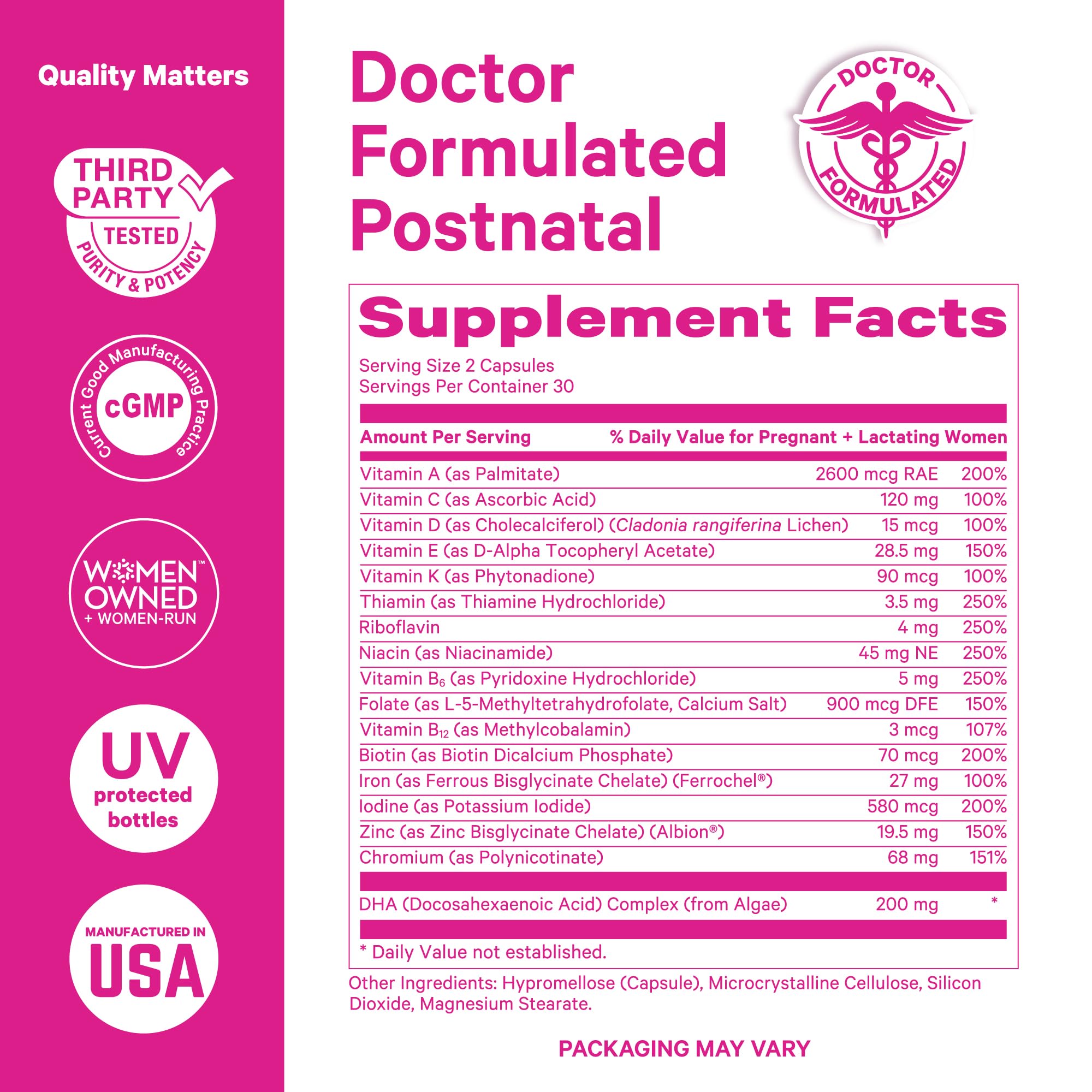 Iron, Folate, and B12 ingredients in Pink Stork Postnatal Vitamins