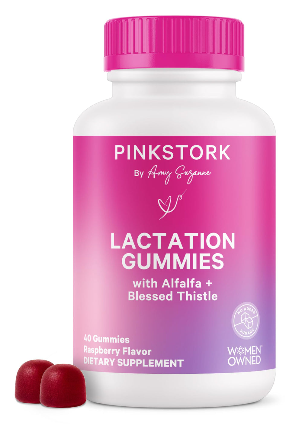 Bottle of Pink Stork Lactation Gummies Raspberry 40 Count - front view