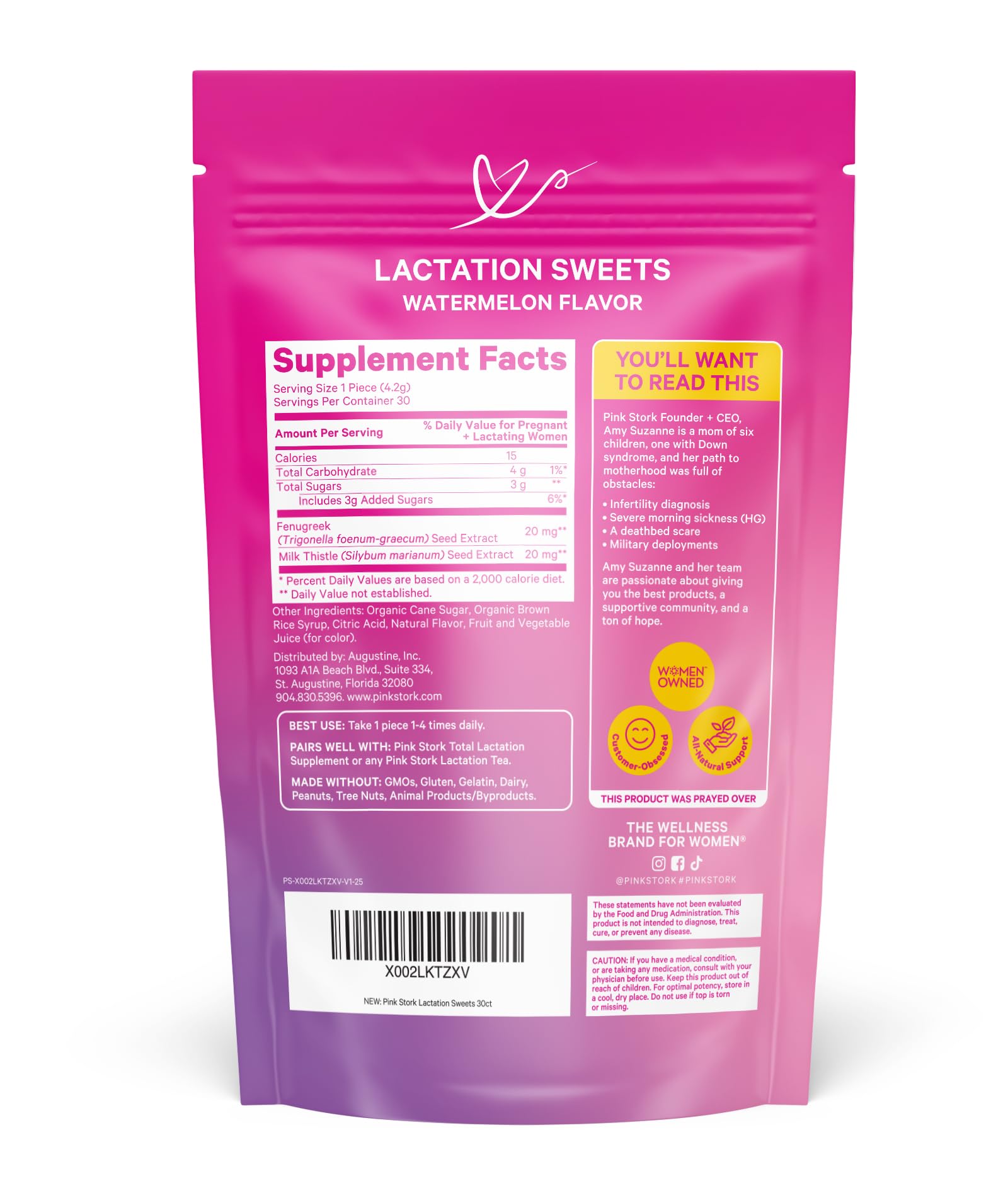 Smiling mom with Pink Stork product lineup