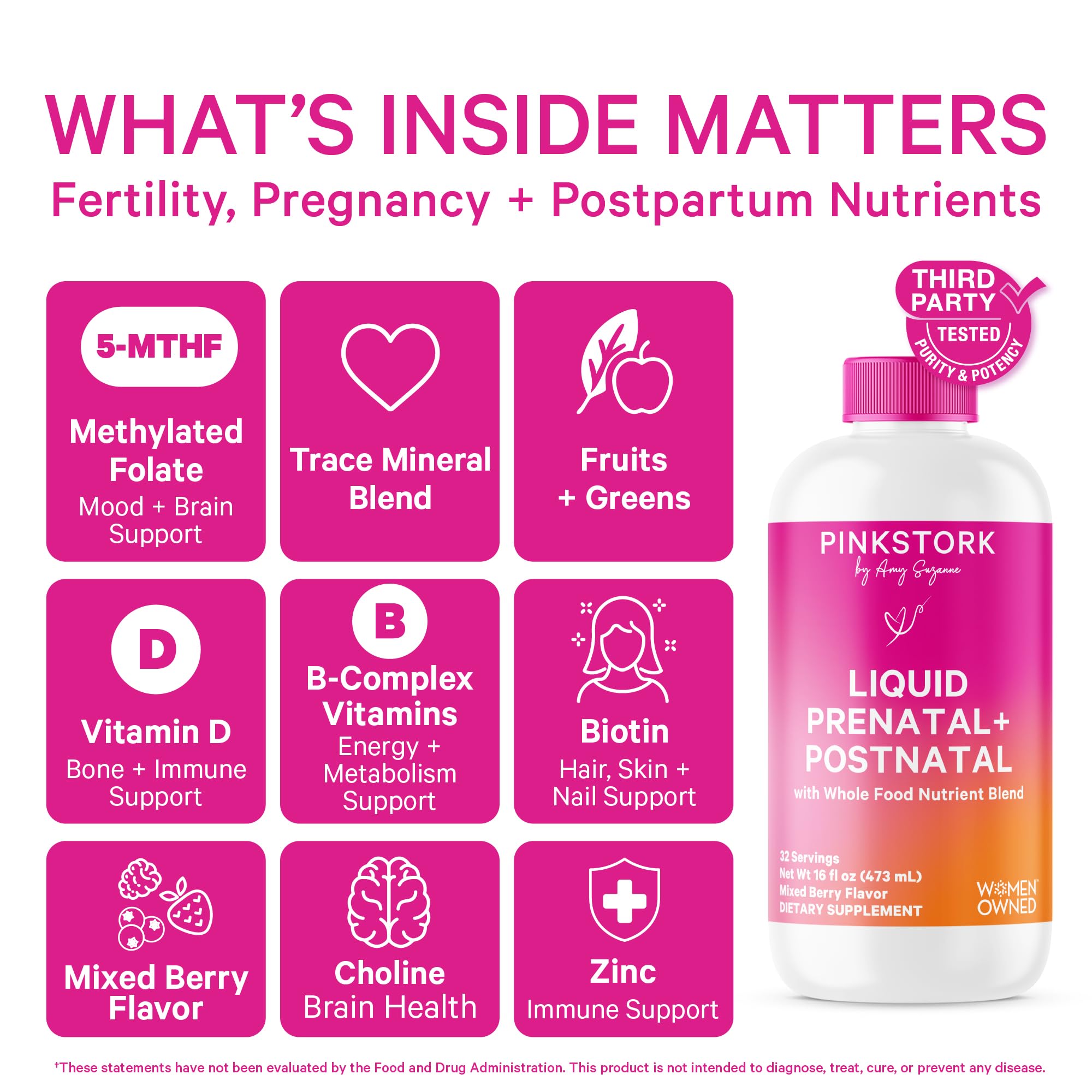 Close-up of Pink Stork Liquid Prenatal Vitamins Berry Flavor bottle
