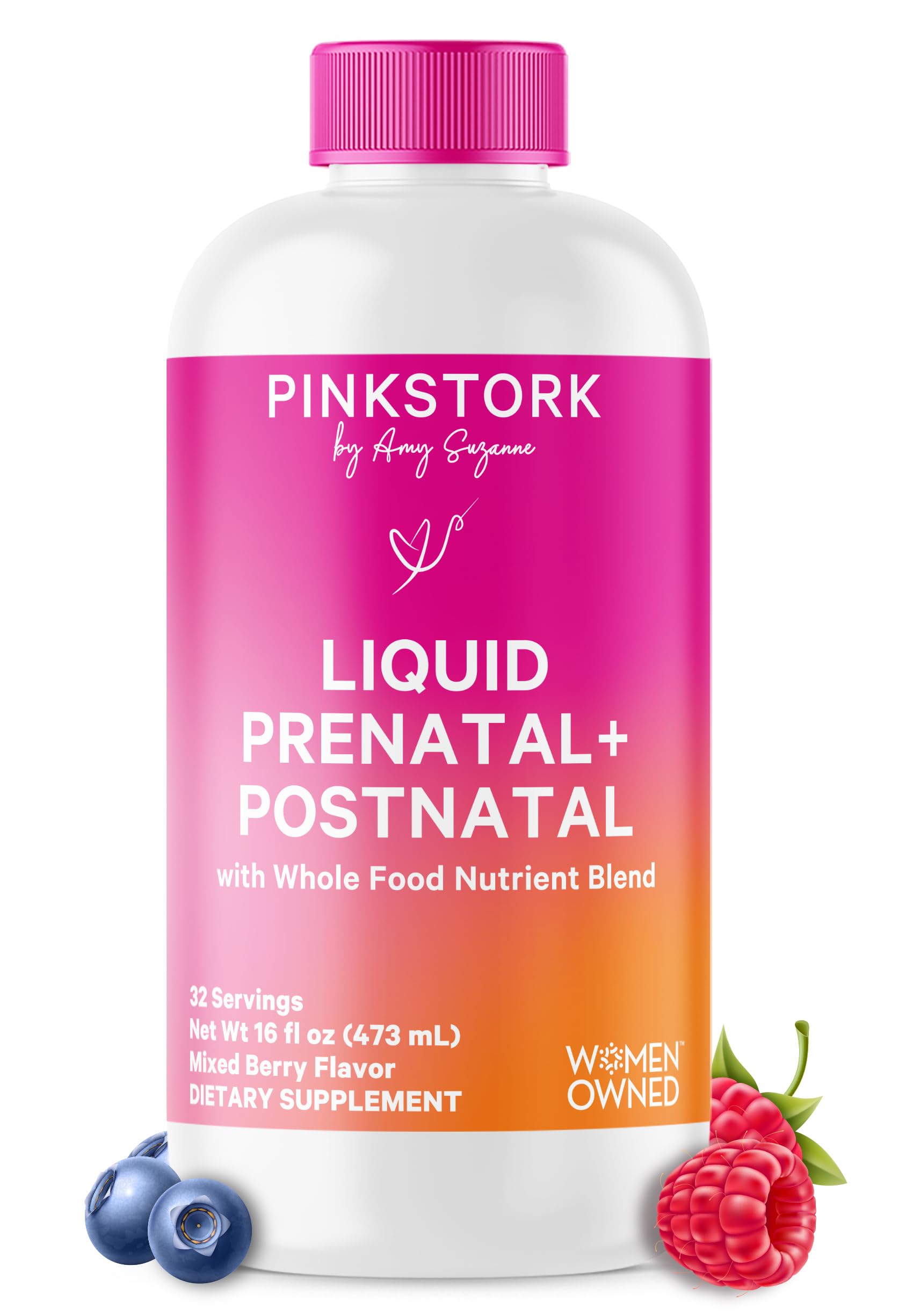 Front label of Pink Stork Liquid Prenatal Vitamins Berry Flavor bottle