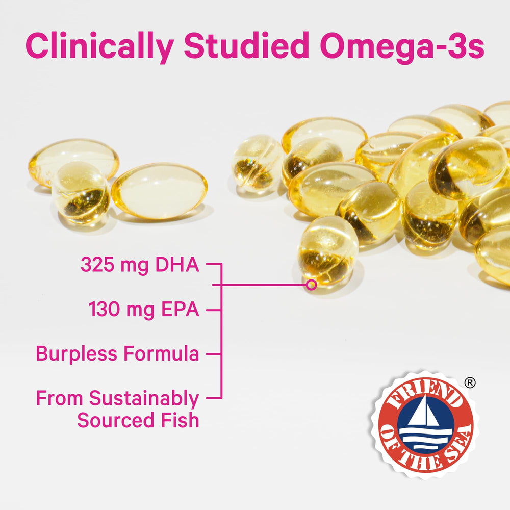 Close-up of Pink Stork Omega-3 DHA softgels