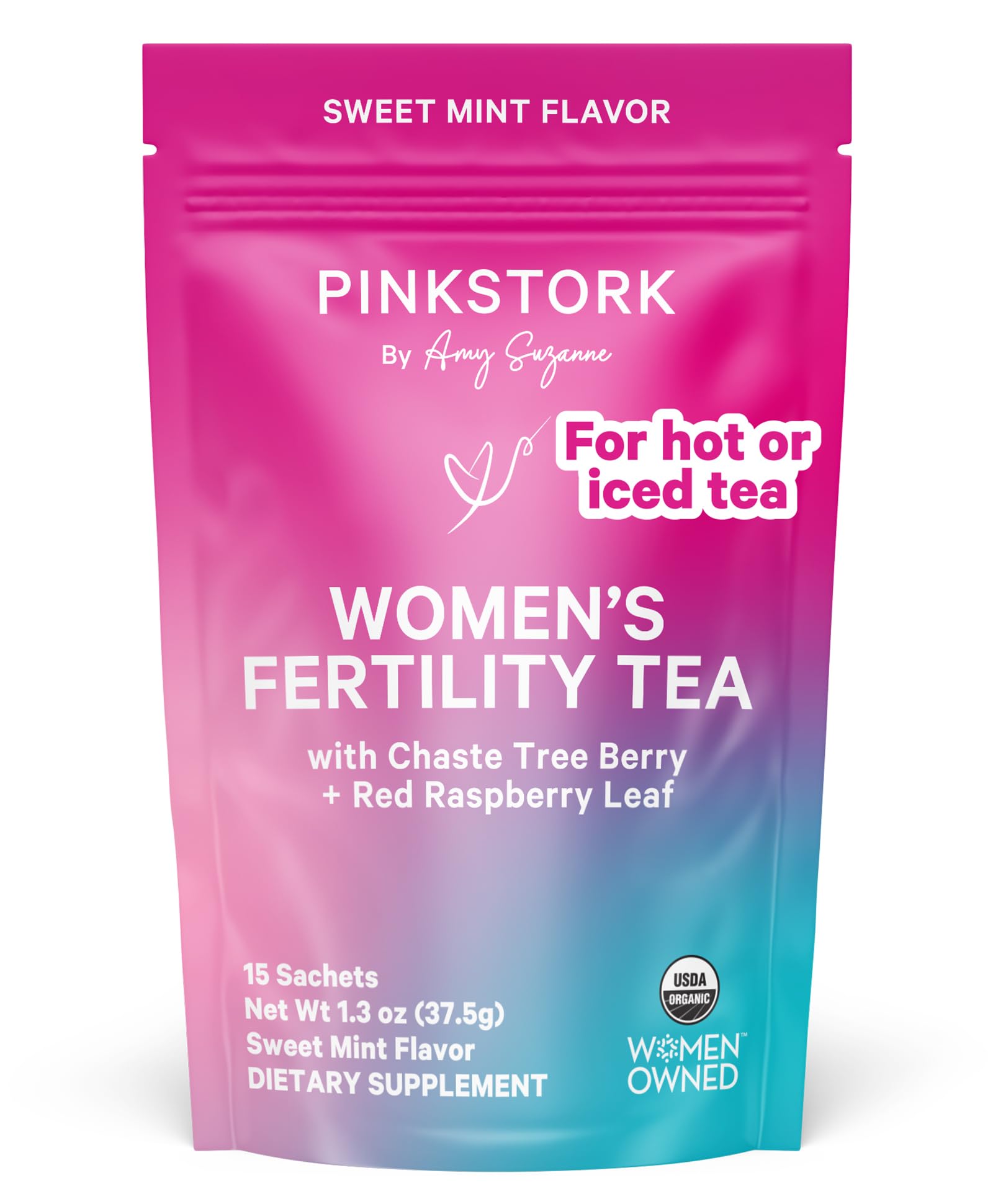 Front view of Pink Stork Fertility Tea Sweet Mint sachets with box