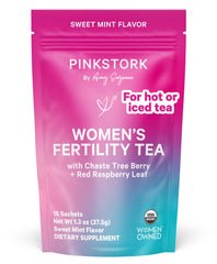 Front view of Pink Stork Fertility Tea Sweet Mint sachets with box