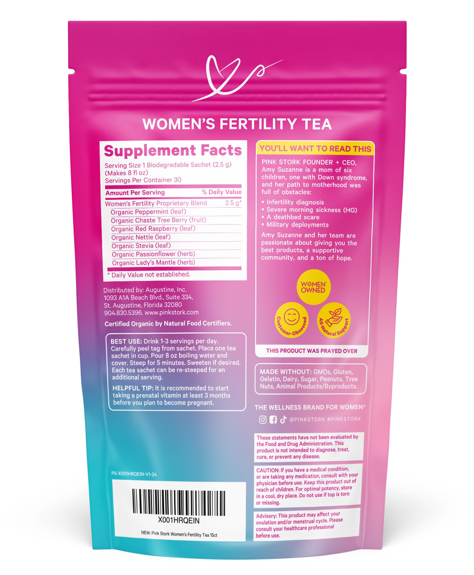 Box and sachets of Pink Stork Organic Fertility Tea Sweet Mint
