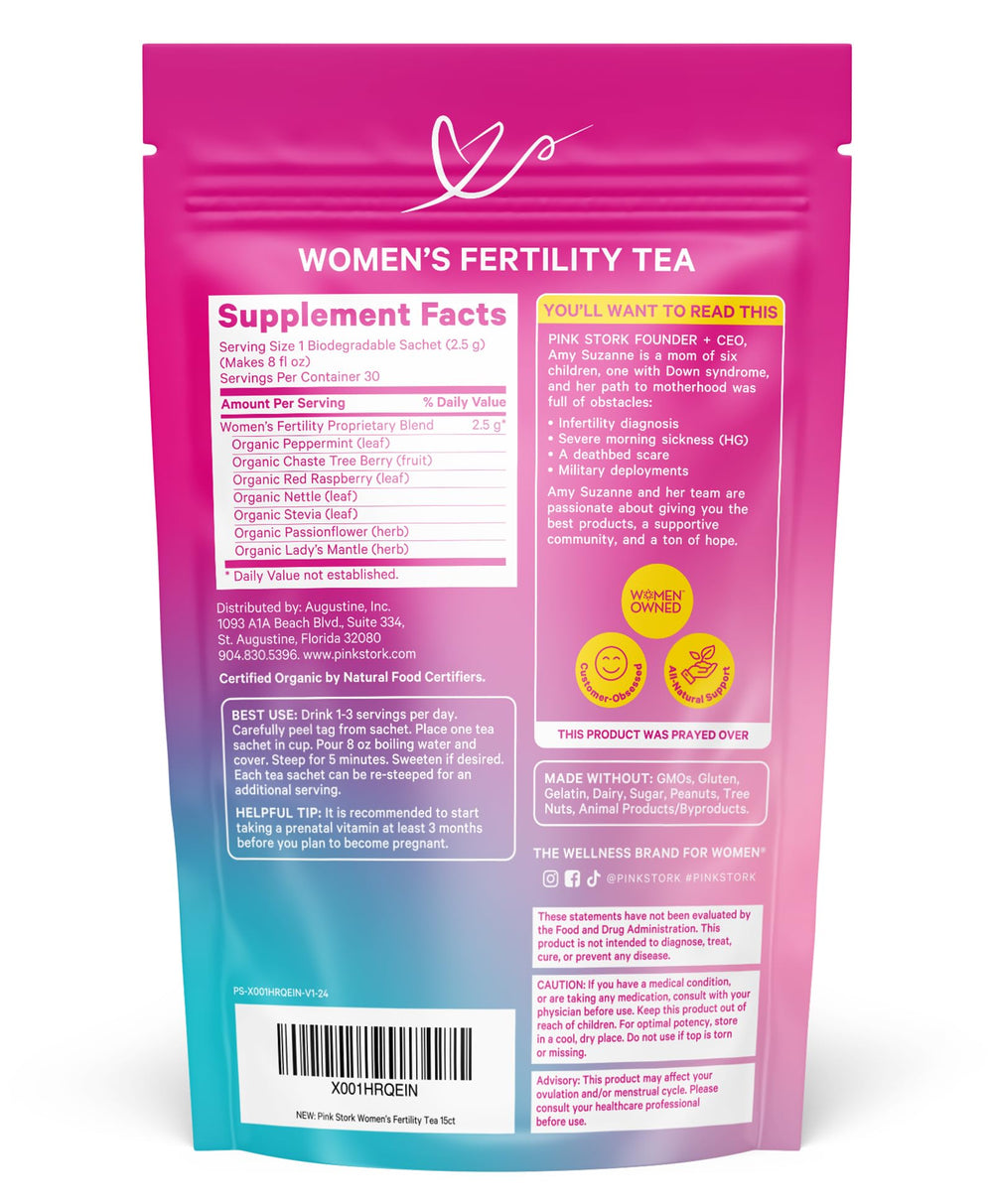 Box and sachets of Pink Stork Organic Fertility Tea Sweet Mint