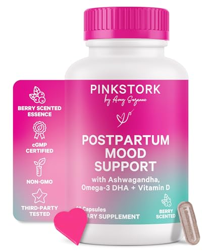 Pink Stork Postpartum Mood Support bottle on white background