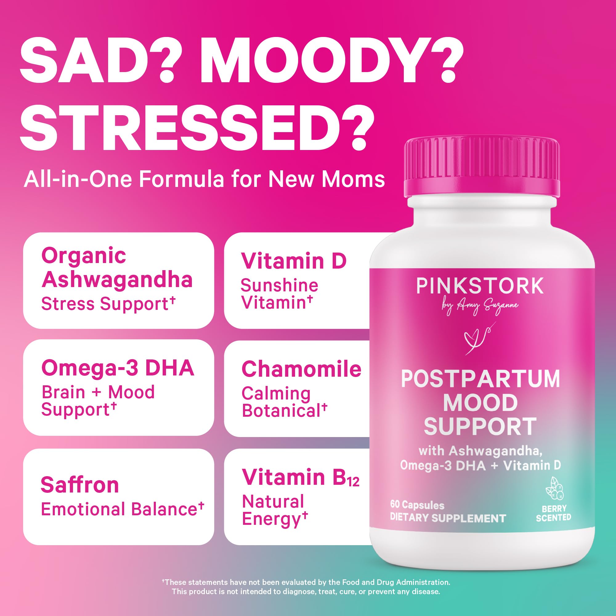 Close-up of Pink Stork Postpartum Mood Support bottle label