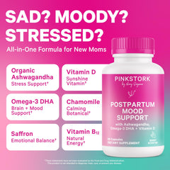 Close-up of Pink Stork Postpartum Mood Support bottle label