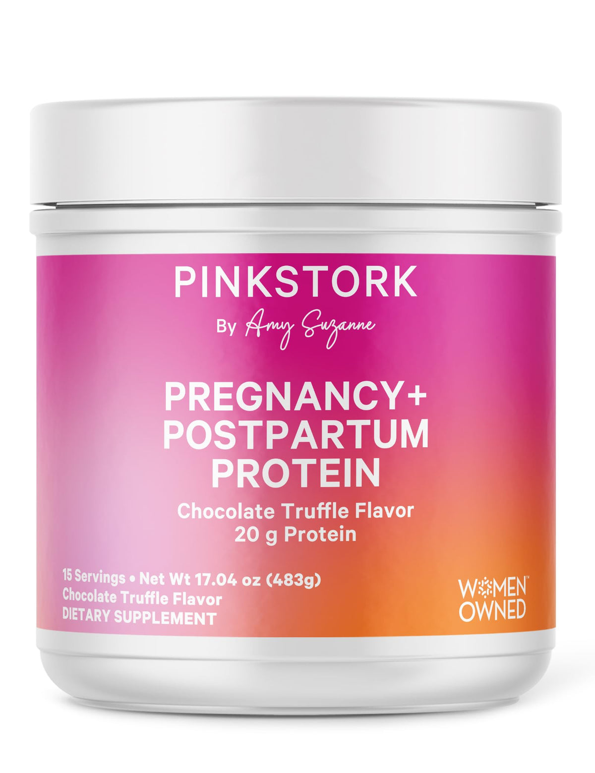 Pink Stork pregnancy postpartum protein powder tub chocolate for daily protein support