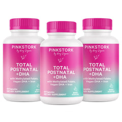 Pink Stork Total Postnatal Vitamins bottle on a white background