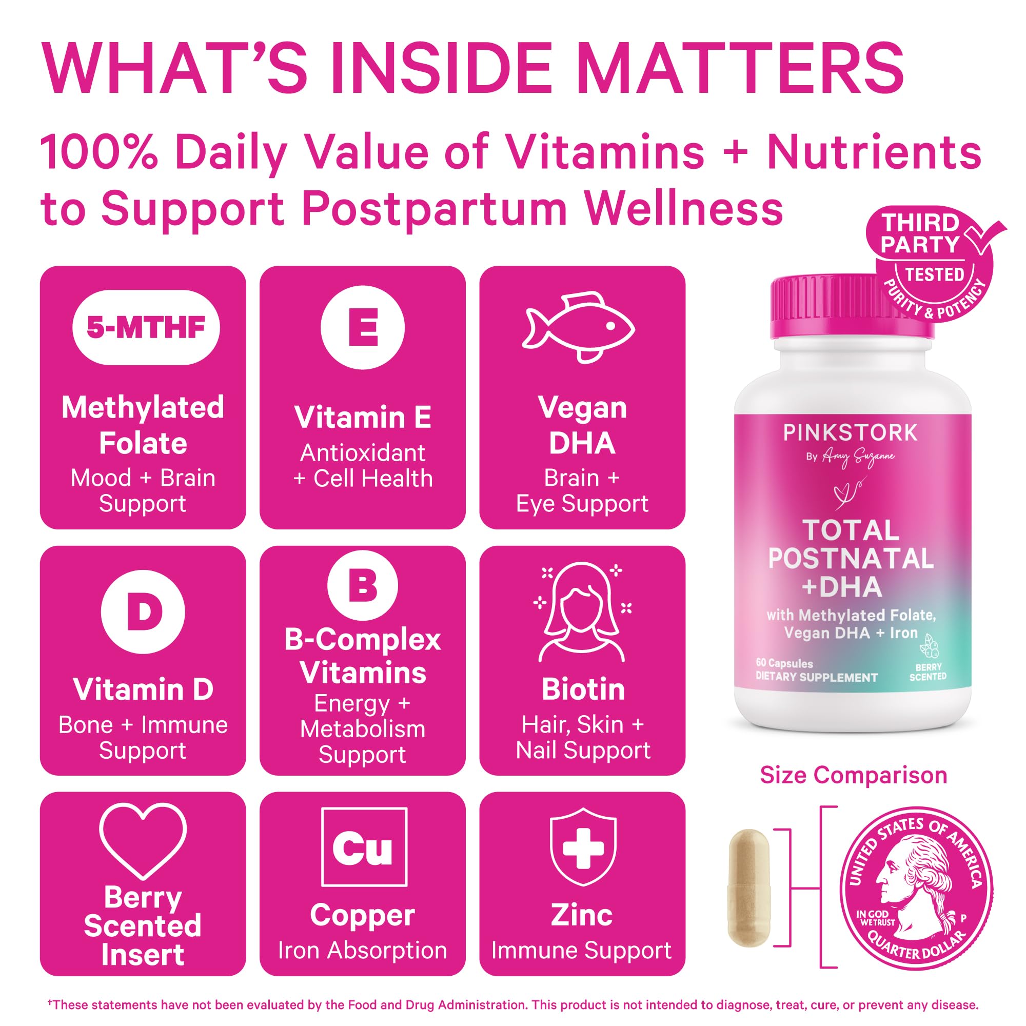 Close-up of bottle label highlighting vegan DHA, iron, folate, and B12