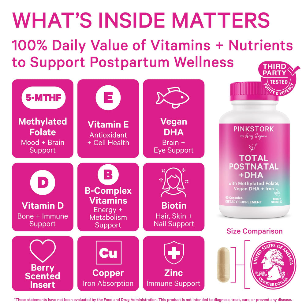 Close-up of bottle label highlighting vegan DHA, iron, folate, and B12