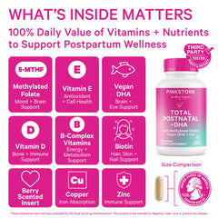 Close-up of bottle label highlighting vegan DHA, iron, folate, and B12